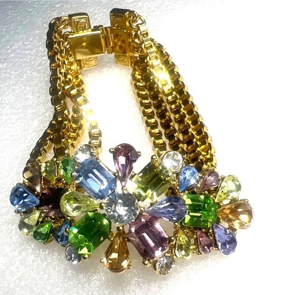 Ben Amun Bracelet Pastel Crystals Triple Box Link Chain Gold Tone Statement - Picture 8 of 16